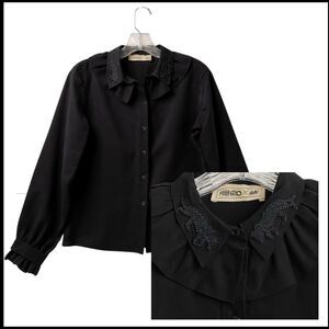 Kenzo x H&M Silk Blouse XS Black Beaded Ruffled Goth Dark Romantic Whimsigoth